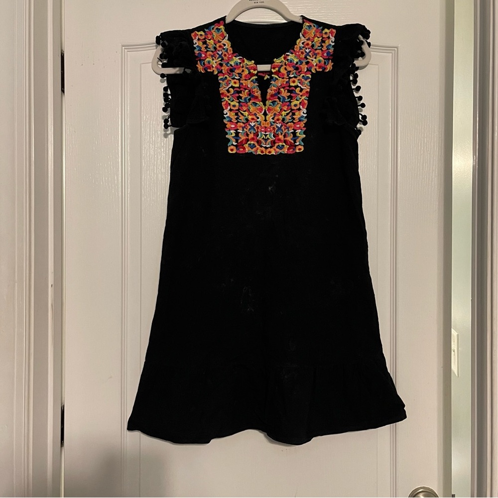 Black Mini Dress with Multicolor Embroidered Yoke
